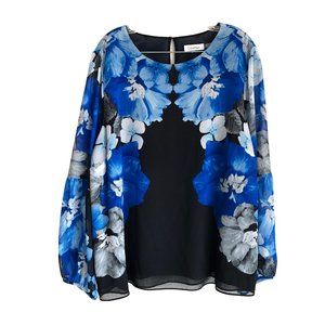 Calvin Klein Womens Blouse Plus 1X Floral Blue Chiffon Peasant Lined Long Sleeve